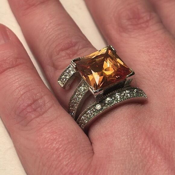 Square Cut Imperial Topaz 925 Silver Cocktail Ring with Twist white quartz - Picture 8 of 8